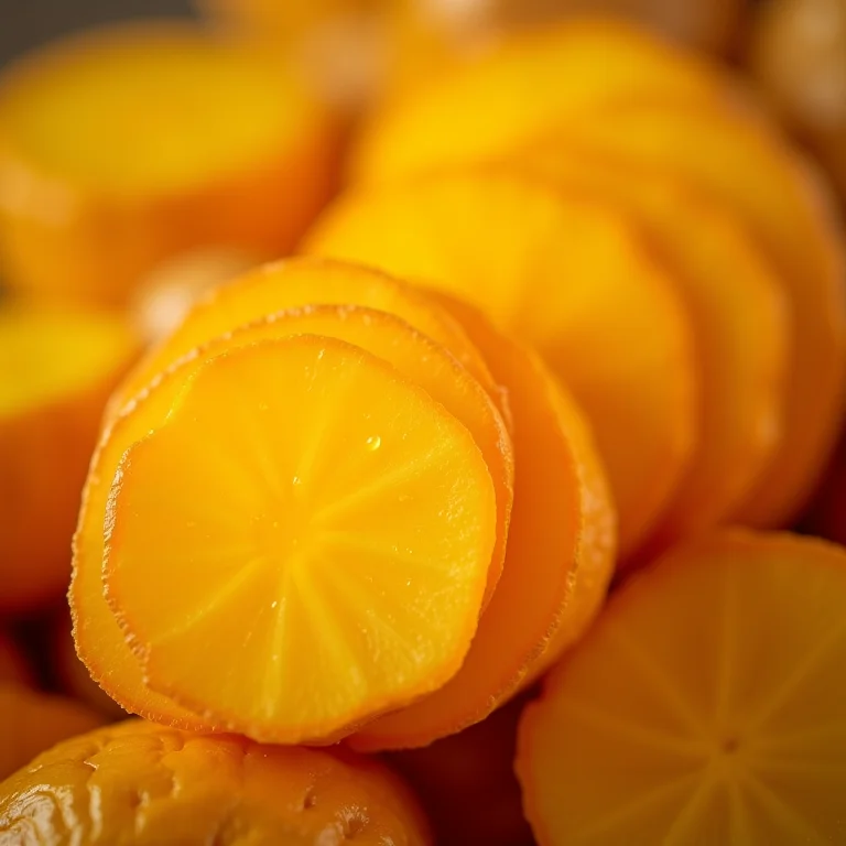 Detalhe botânico da raiz de gengibre fatiada.