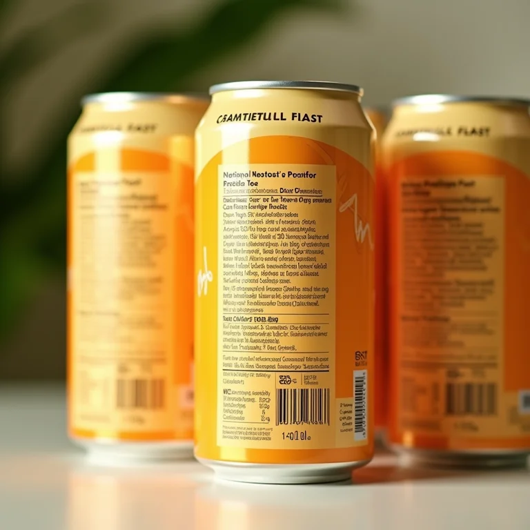 Detalhe da lista de ingredientes químicos em latas de chá gelado