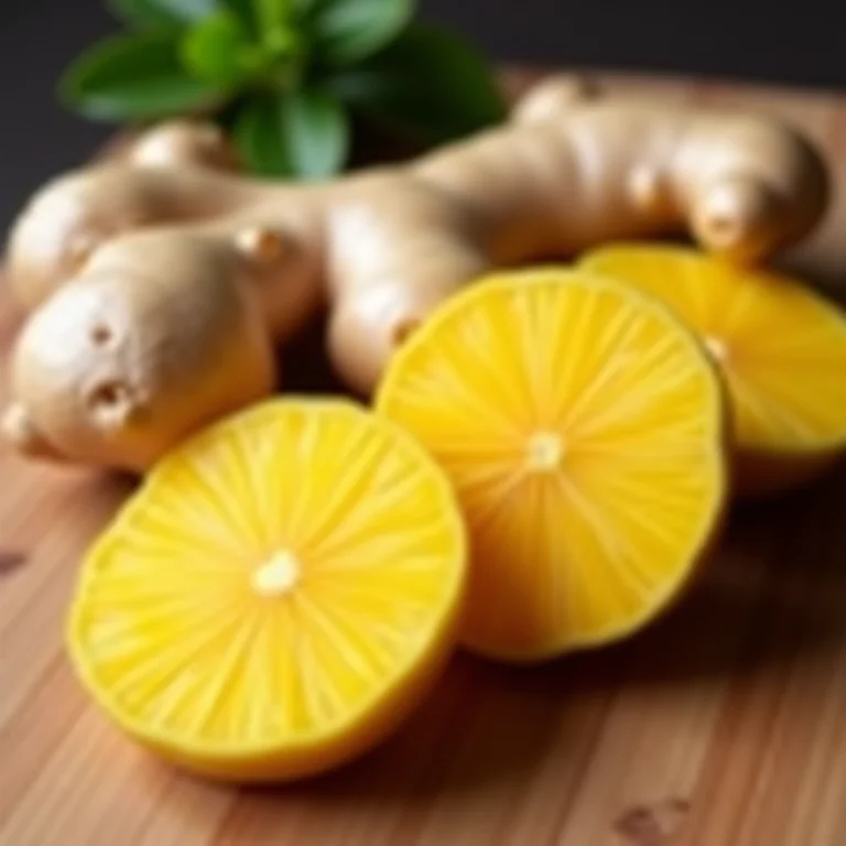 Detalhe da raiz de gengibre fresca (Zingiber officinale) fatiada.