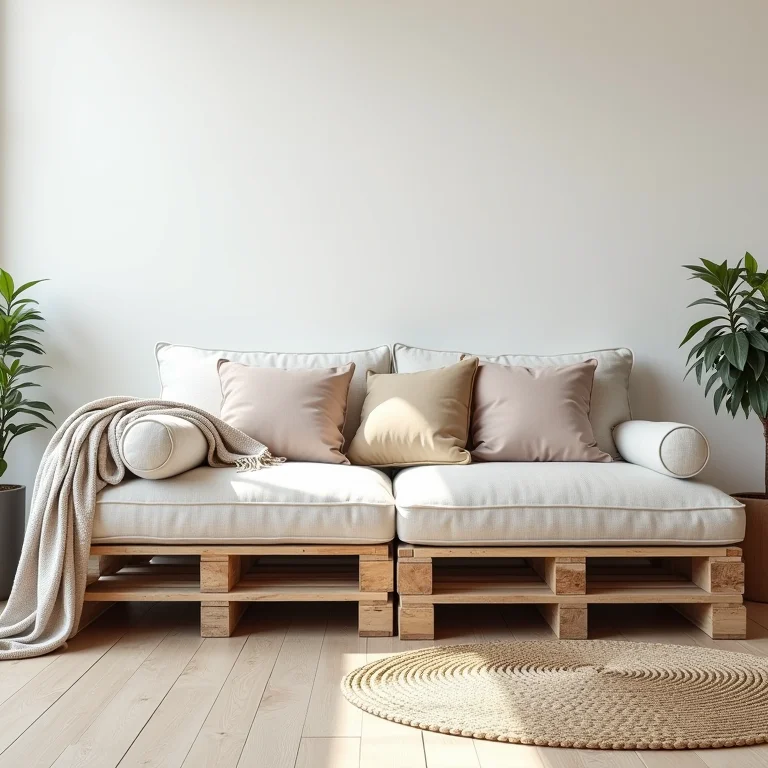 Detalhe de um sofá de palete com almofadas e texturas