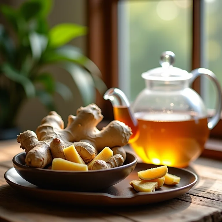 Detalhes da raiz de gengibre fresca e chá de gengibre sendo preparado em bule de vidro