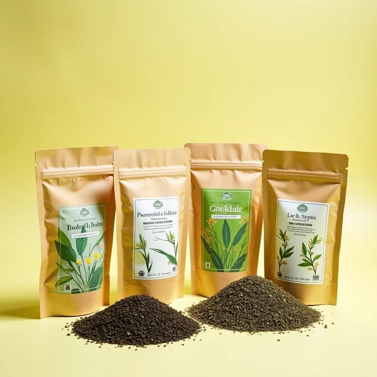 Diferentes marcas de chá de cavalinha com selos de qualidade