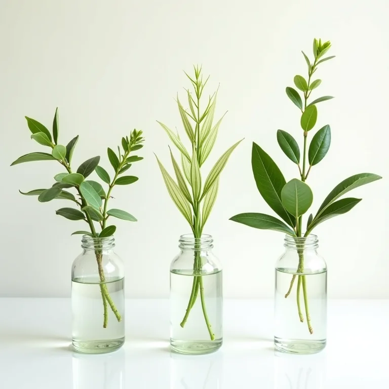 Diferentes tipos de arruda em vasos de vidro