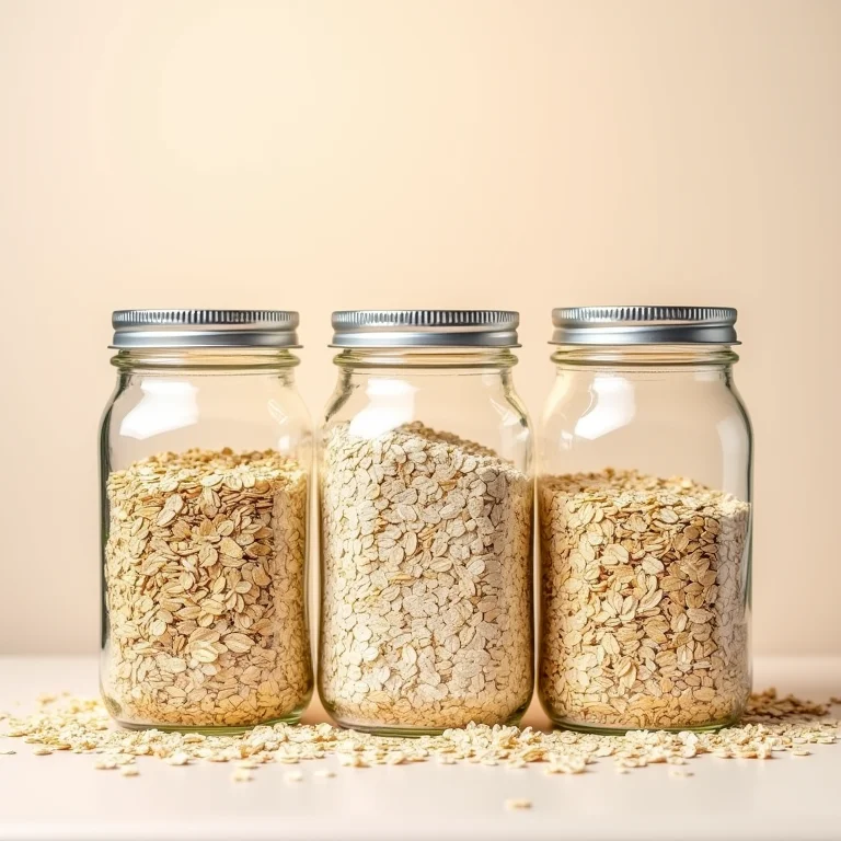 Diferentes tipos de aveia em potes de vidro.