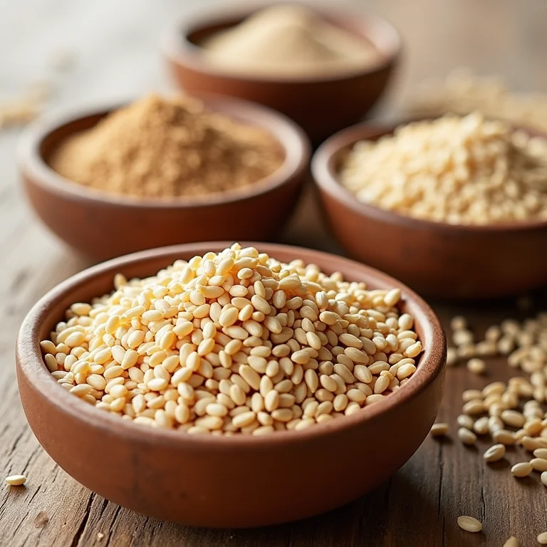 Diferentes tipos de grãos de cevada: hulled, pearl e flakes