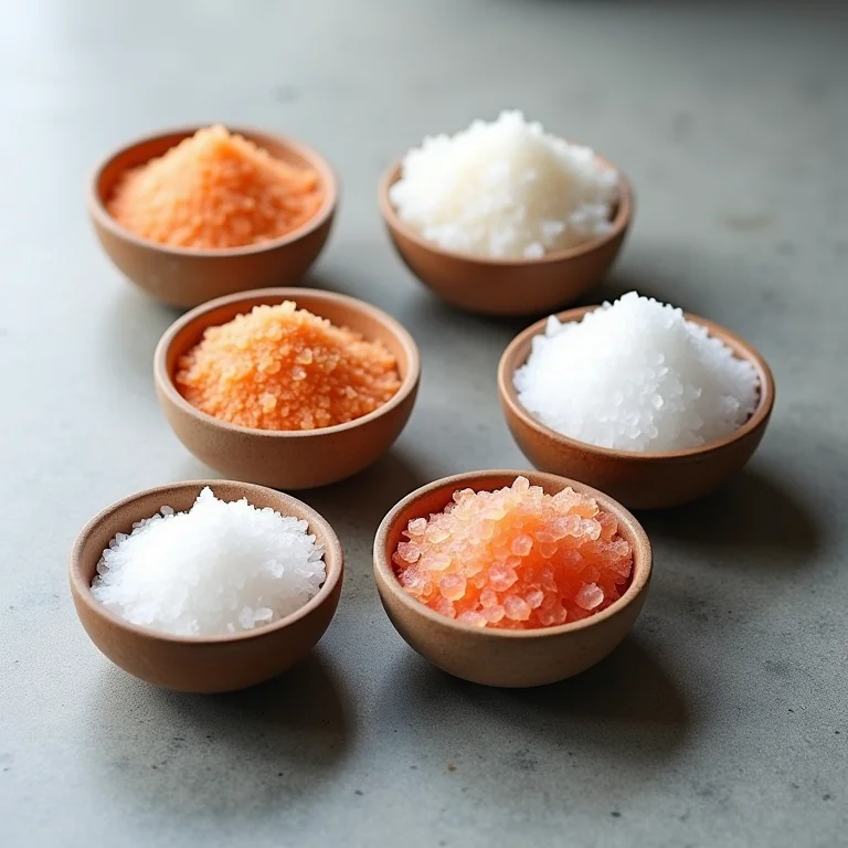 Diferentes tipos de sal de parrilla em pequenos recipientes