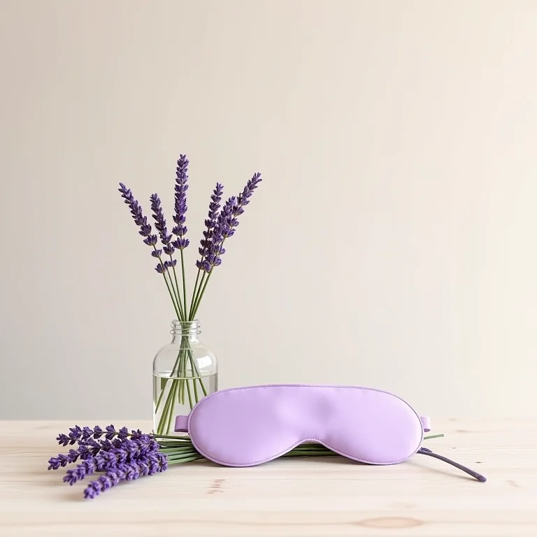 Difusor de óleo essencial de lavanda, flores frescas e máscara de seda para os olhos.