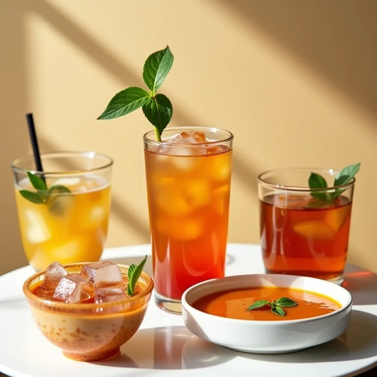 Diversas opções culinárias criativas com cubos de gelo de chá