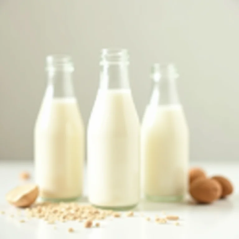 Diversas opções de leites vegetais em garrafas de vidro.