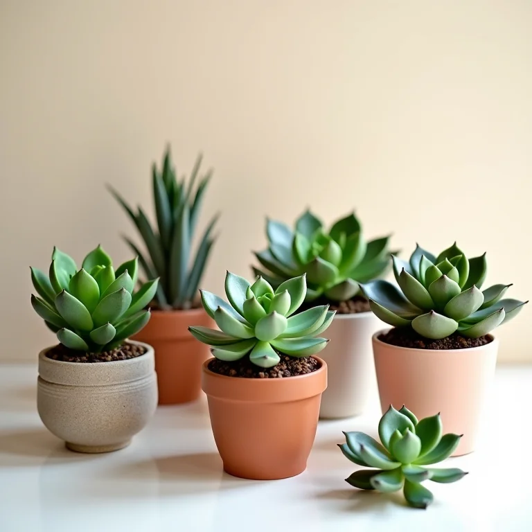 Diversas suculentas coloridas em vasos decorativos