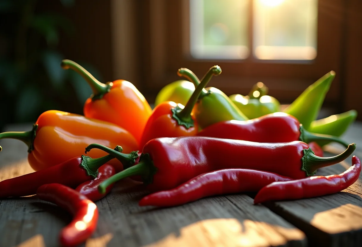 Diversidade de pimentas coloridas em mesa de madeira rústica