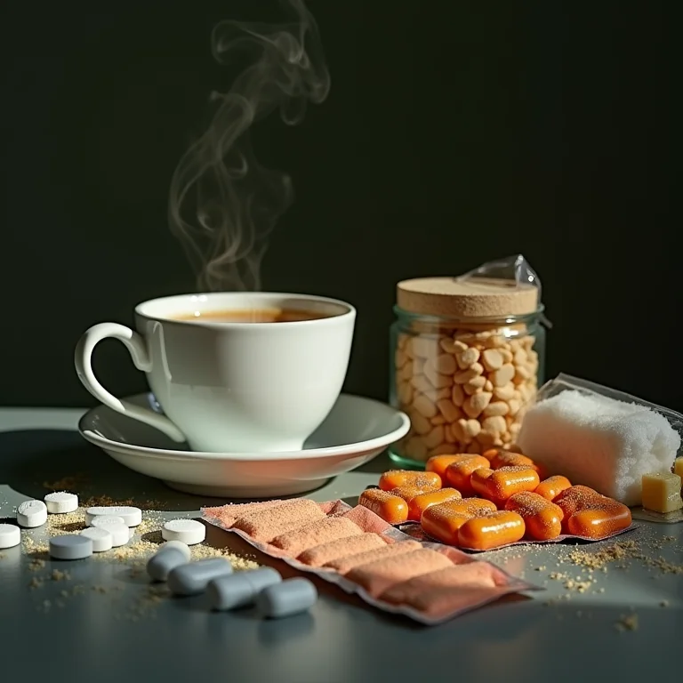 Diversos adoçantes artificiais próximos a uma xícara de chá, criando uma atmosfera de cautela em relação às alternativas ao açúcar.