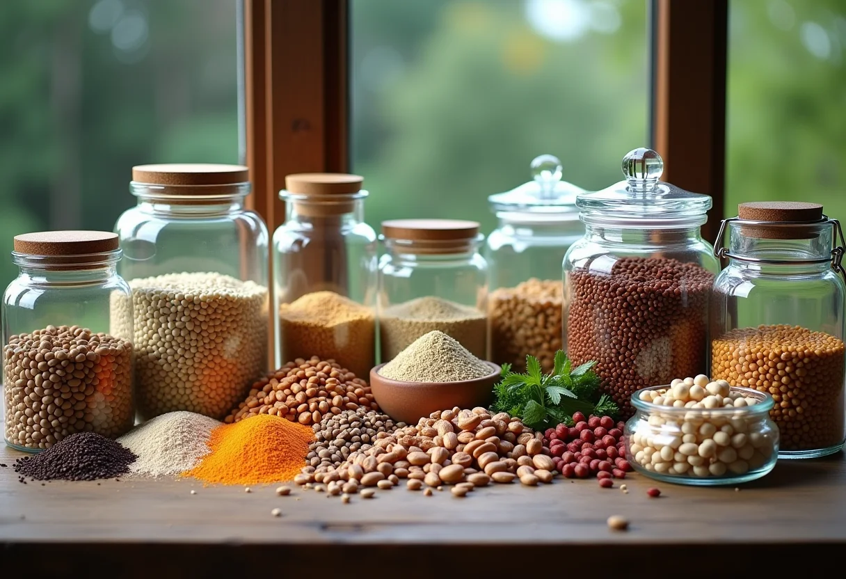 Diversos grãos, sementes e nozes em potes de vidro em uma bancada de madeira.