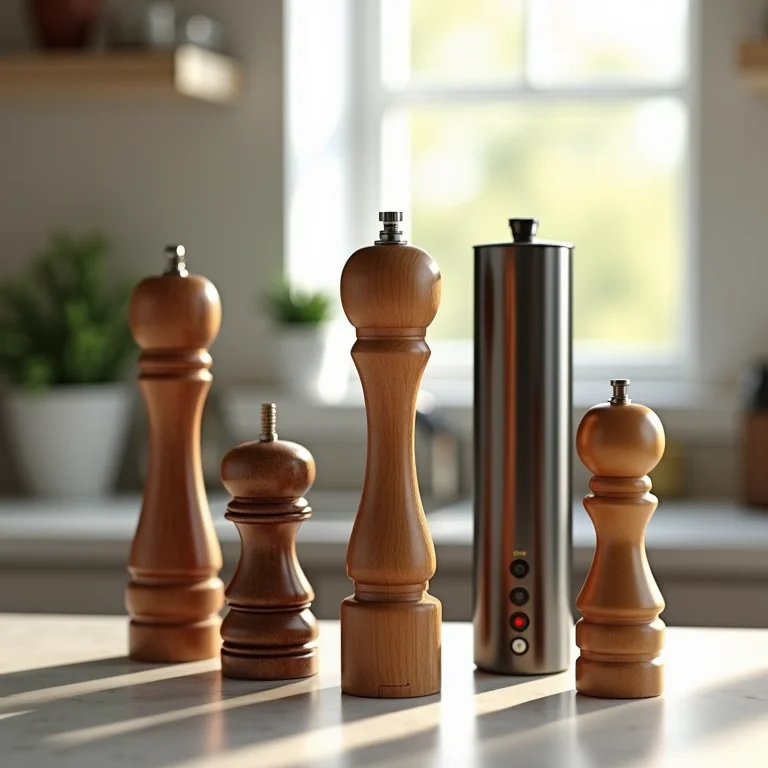 Diversos tipos de moedores de pimenta do reino em bancada de cozinha.