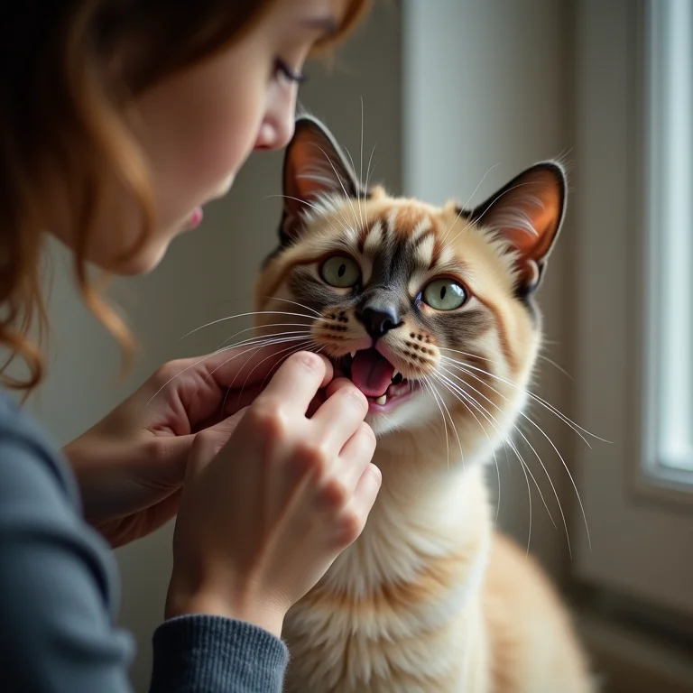 Dona checando a gengiva pálida do gato