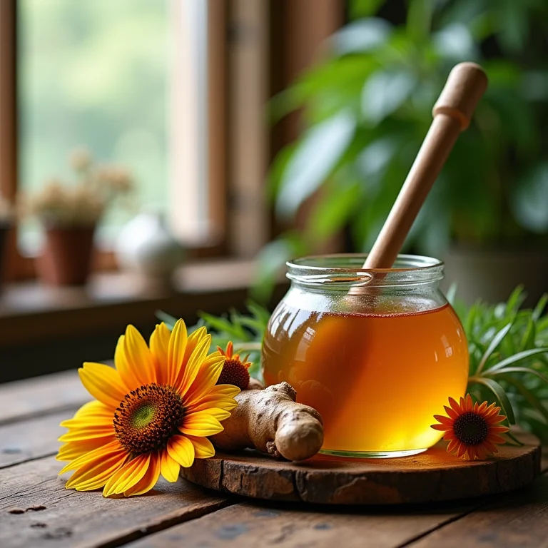 Equinácea, gengibre e mel dispostos em uma mesa de madeira rústica.