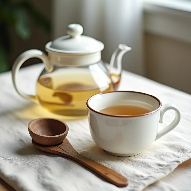 Equipamentos para preparar chá: bule, xícara, filtro e colher.