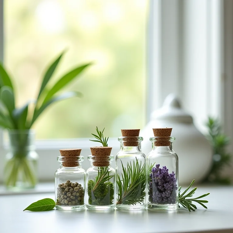 Ervas alternativas à arruda em frascos de vidro