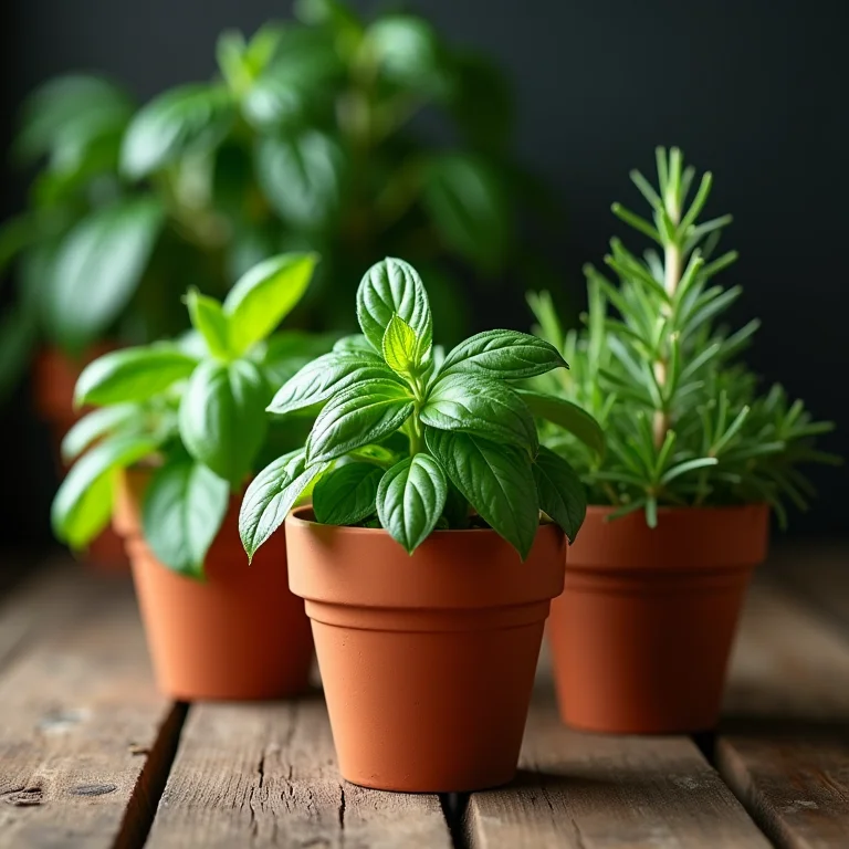 Ervas aromáticas frescas em vasos de barro