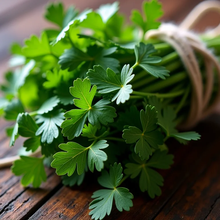 Ervas frescas amarradas para temperar o bife.