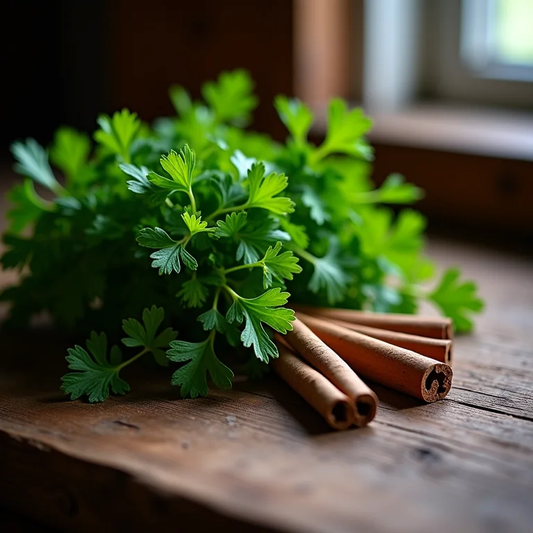 Ervas secas como salsa, arruda e canela em pau, representando chás a evitar na gravidez
