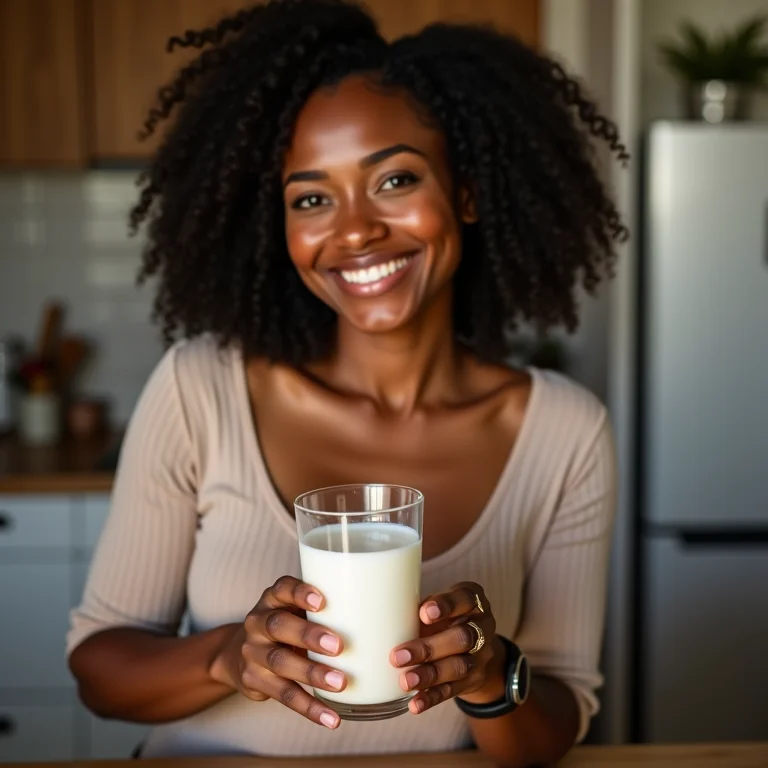 Especialista sorrindo com um copo de leite de aveia.