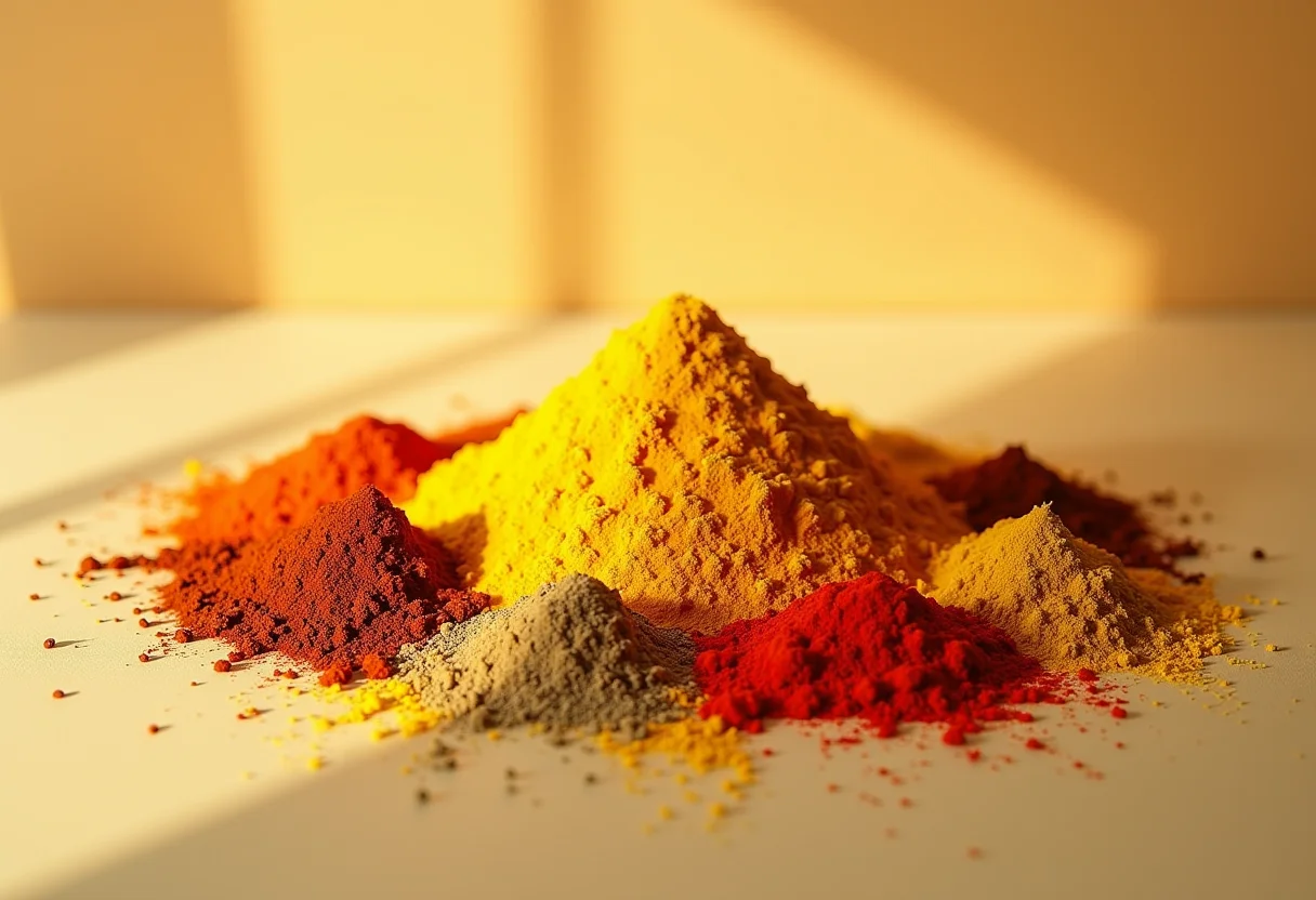 Especiarias coloridas dispostas ao redor de proteína de soja crua.