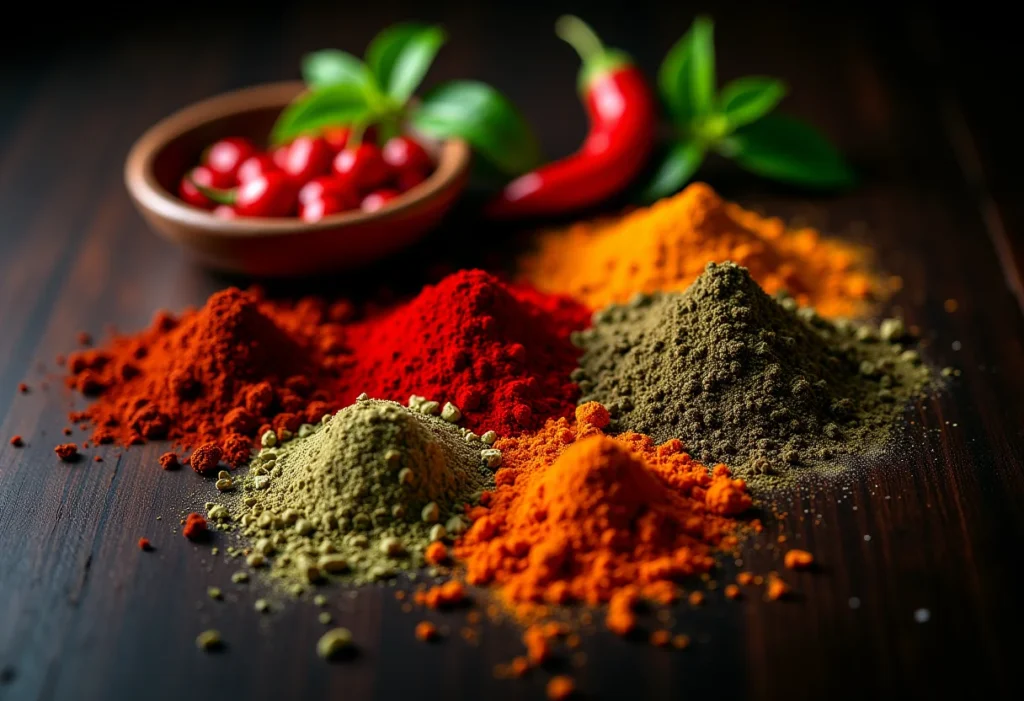 Tempero Baiano: Descubra se a pimenta é ingrediente obrigatório Especiarias coloridas dispostas em madeira escura, representando o tempero baiano.