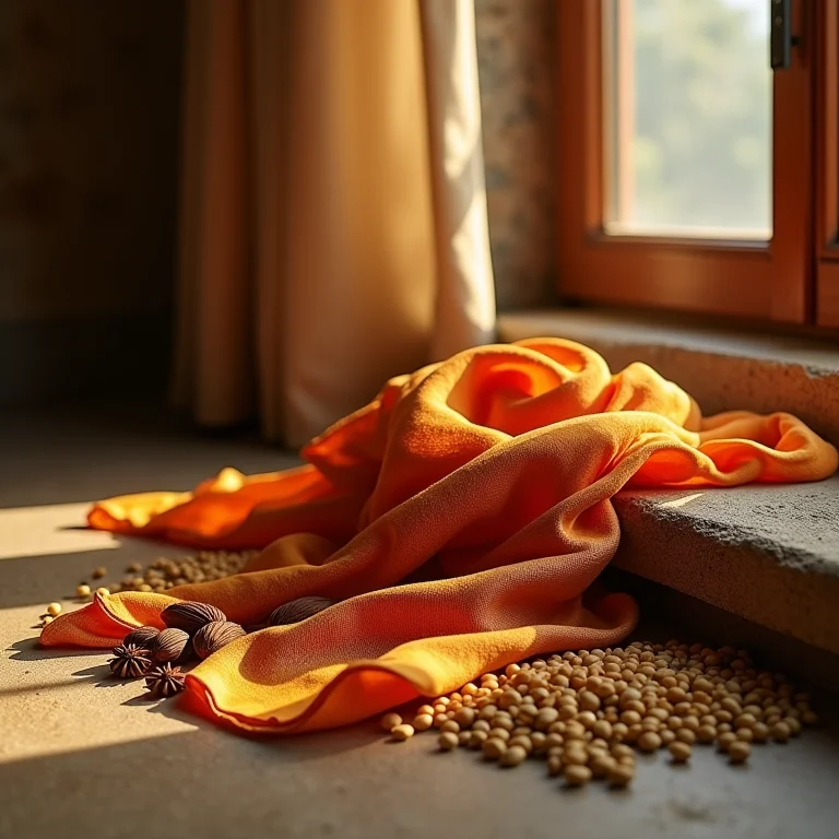 Especiarias e grãos com um lenço de seda