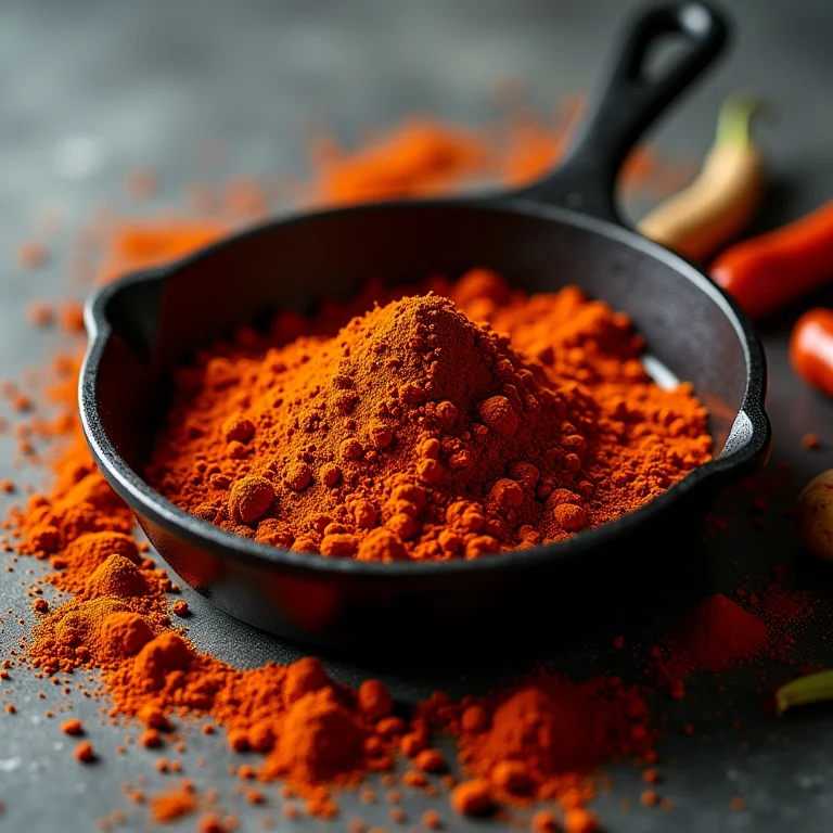 Especiarias variadas, incluindo páprica defumada, ao redor de uma panela de ferro.