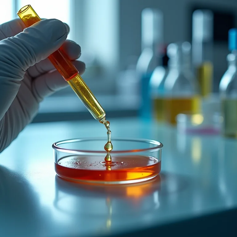 Extrato de arruda sendo analisado em laboratório.