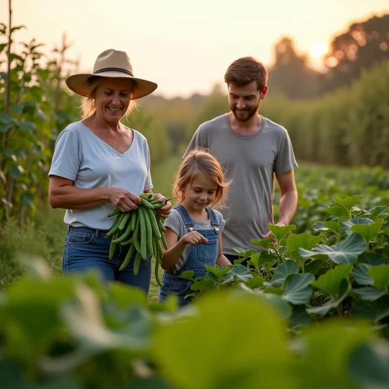 Família colhendo feijão de corda em pequena fazenda