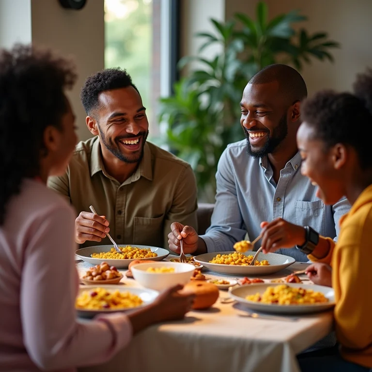 Família reunida saboreando grão de bico com bacalhau