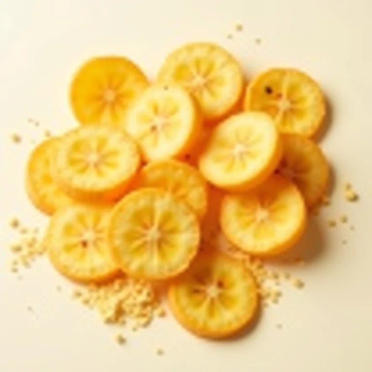 Farinha de mandioca torrada e chips de banana da terra amassados exibindo sua textura crocante.