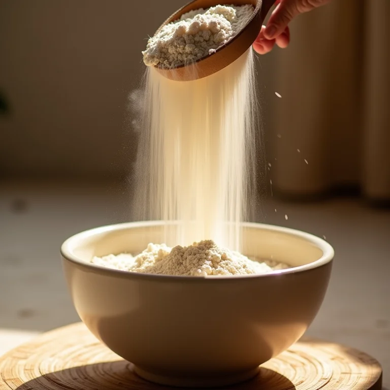 Farinha de trigo sendo peneirada para receita de pão de milho.
