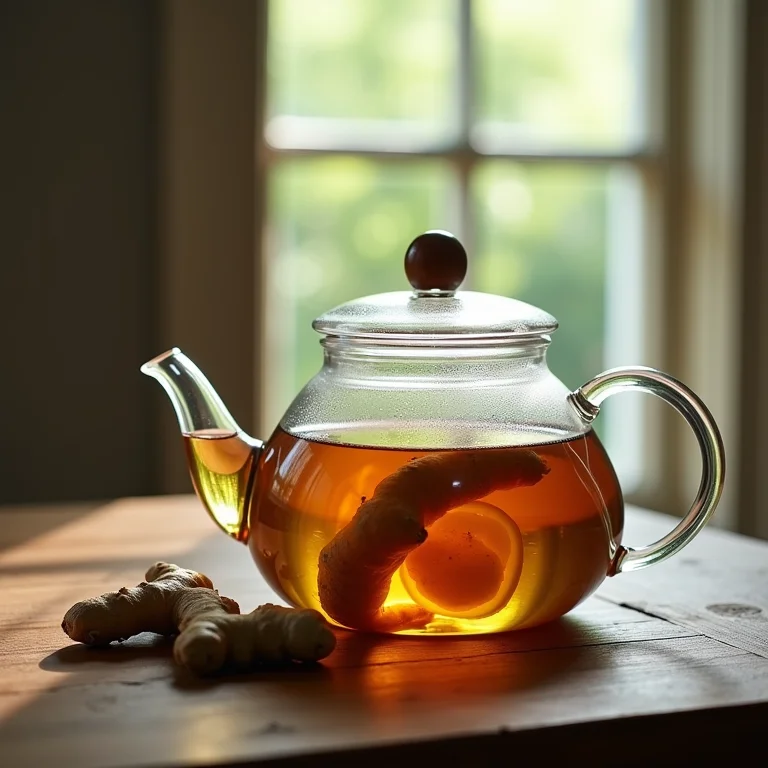 Fatias de gengibre em infusão em bule de vidro.