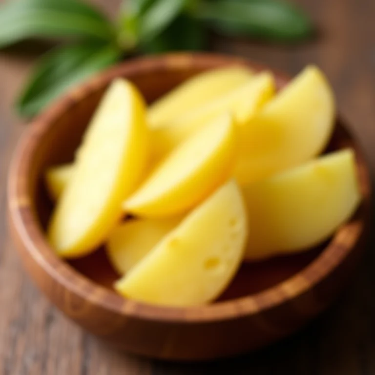 Fatias de gengibre fresco em uma tigela de madeira.