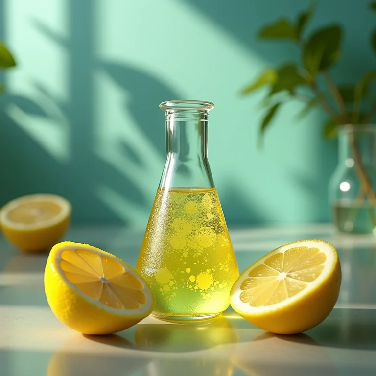 Fatias de limão com representações visuais de células do sistema imunológico e um frasco de laboratório