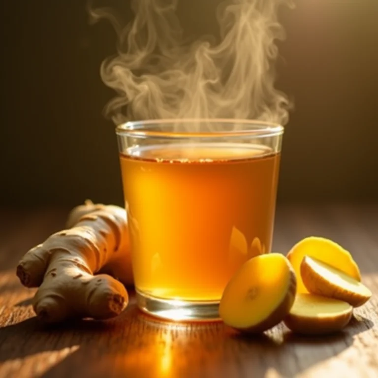 Fatias de raiz de gengibre e xícara de chá de gengibre fumegante