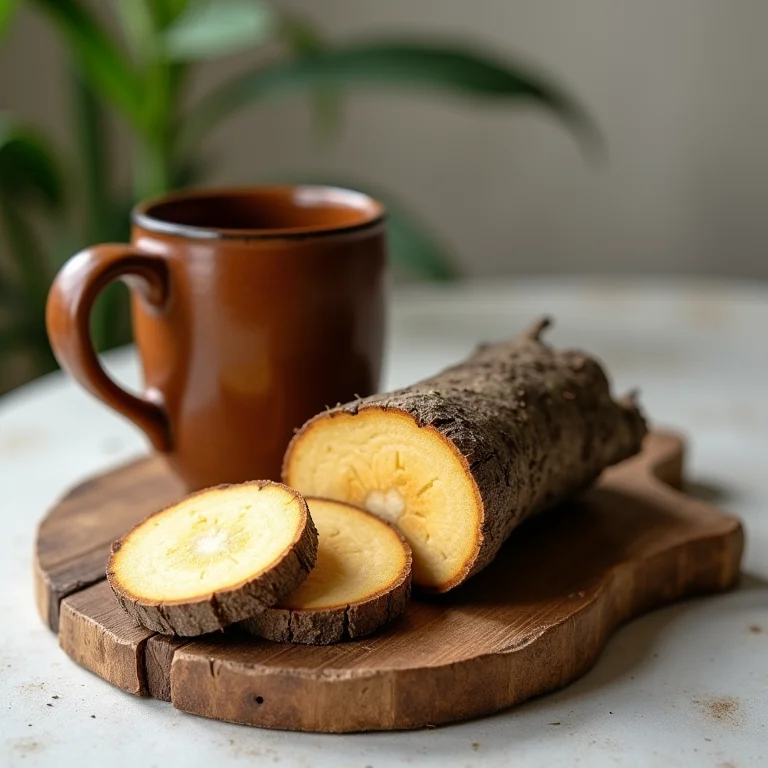 Fatias de raiz de valeriana em tábua de madeira