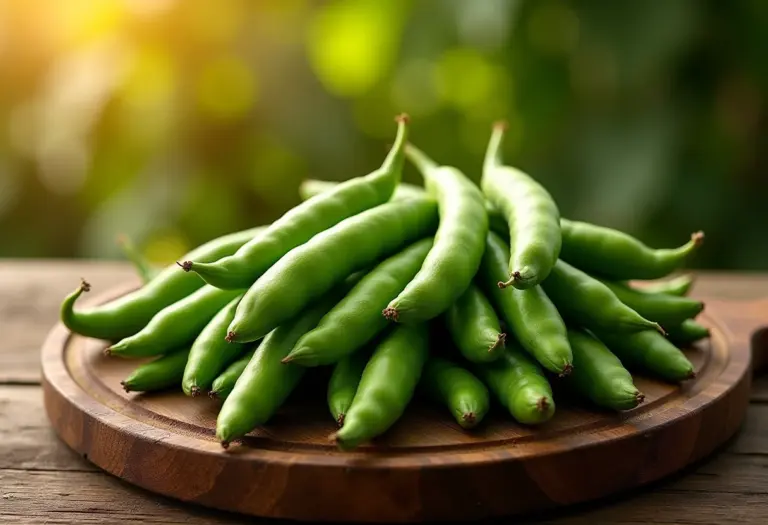 Feijão de Corda fresco sobre mesa rústica