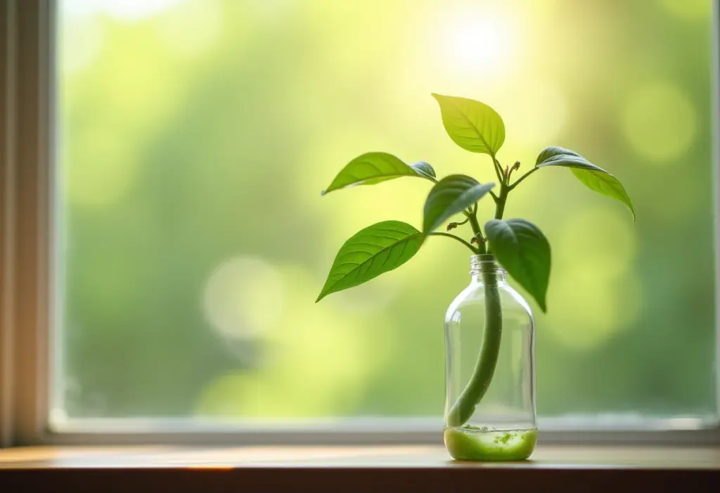 Feijão germinando em garrafa PET na janela