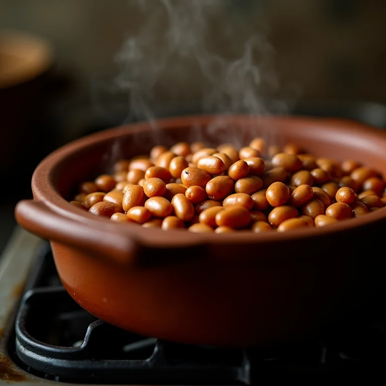 Feijão Rosinha cozinhando em panela de barro.