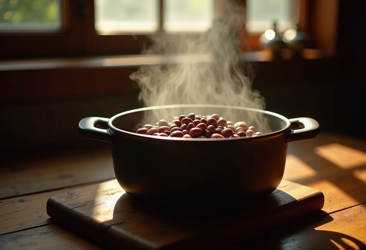 Feijão Rosinha fumegante em uma panela de barro.