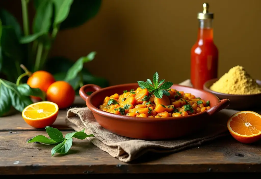 Feijão tropeiro vegetariano com ingredientes frescos em cima de mesa de madeira rústica.