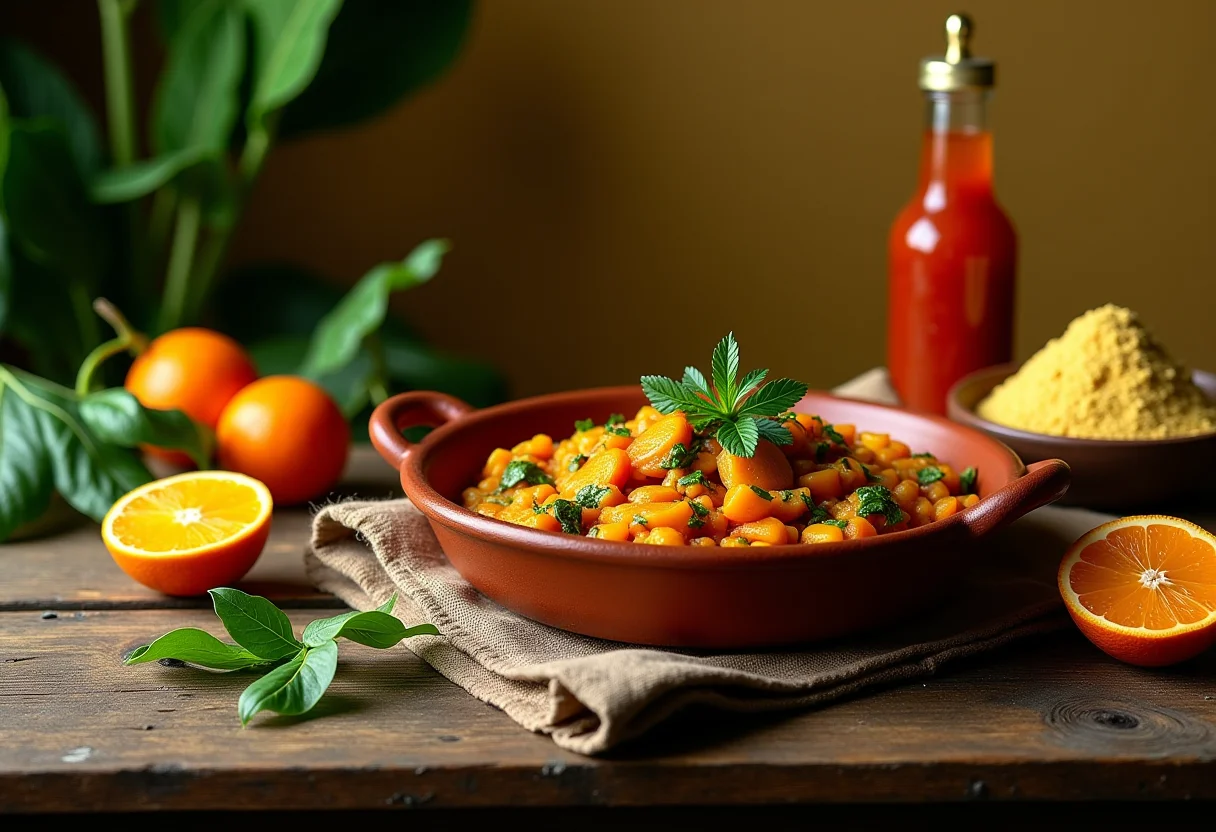Feijão tropeiro vegetariano com ingredientes frescos em cima de mesa de madeira rústica.