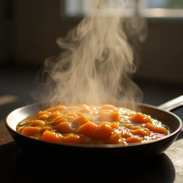Feijão tropeiro vegetariano cozinhando em uma panela com vapor.