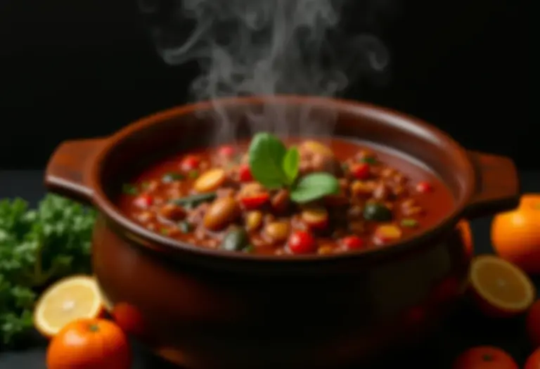 Feijoada vegetariana fumegante em panela de barro com acompanhamentos coloridos.