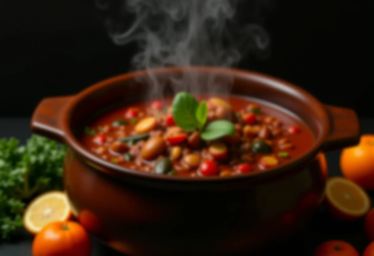 Feijoada vegetariana fumegante em panela de barro com acompanhamentos coloridos.