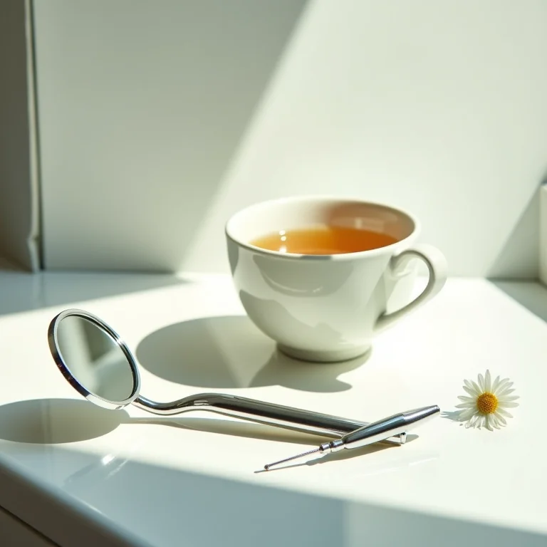 Ferramentas de dentista e chá de camomila.